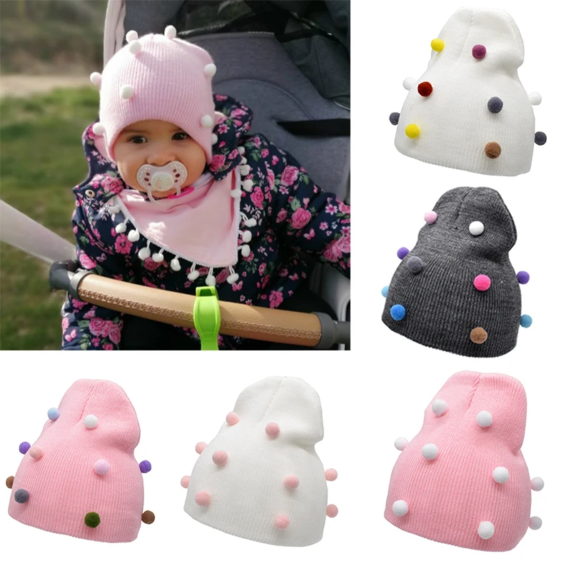 Cute Baby Hats With Colorful Pom Poms Knitted Push Turban Beanie Warm Caps Soft Hat For Newborn Girls Boys Bonnet Autumn Winter | Детская