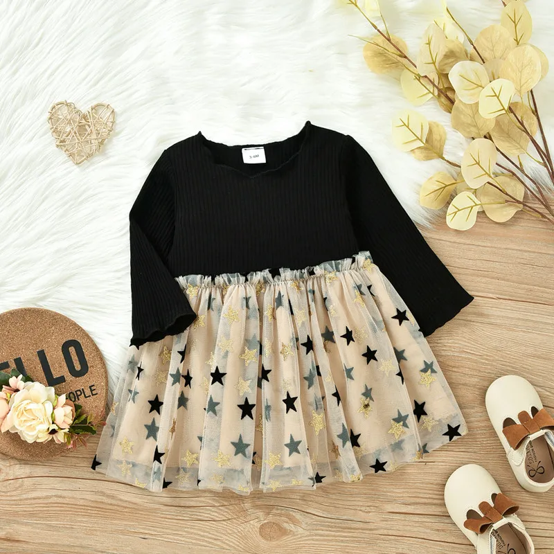 

Платье ТРАПЕЦИЕВИДНОЕ для маленьких девочек, фатиновое платье с длинным рукавом и принтом звезд, в стиле пэчворк, с повязкой на голову