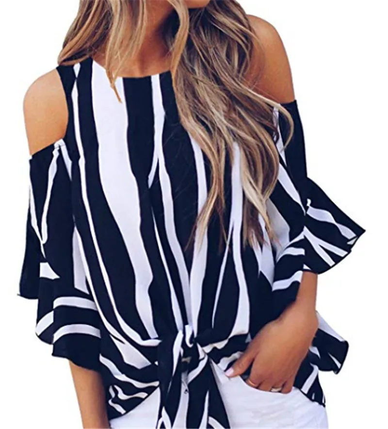 Женские топы в полоску с открытыми плечами Летние повседневные блузки коротким
