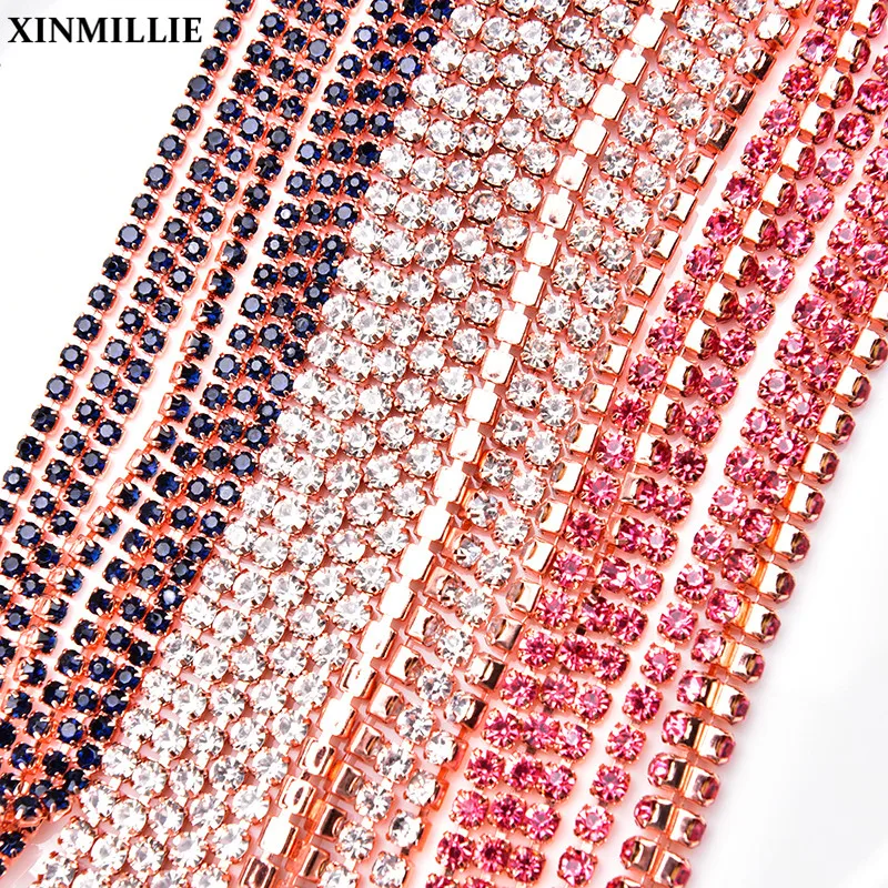 5 Yards/Lot Crystal Rhinestone Trim Strass Rose Gold Claw Metal Cup Chain Wedding Dress Decoration Applique Sewing Accessories | Дом и сад