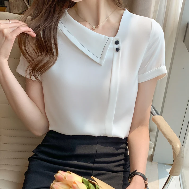 

Women's Shirt Chiffon Solid Blouse for Women Short Sleeve Shirt Female Top White Skew Collar Blouse Top Female 2021 Woman Shirts