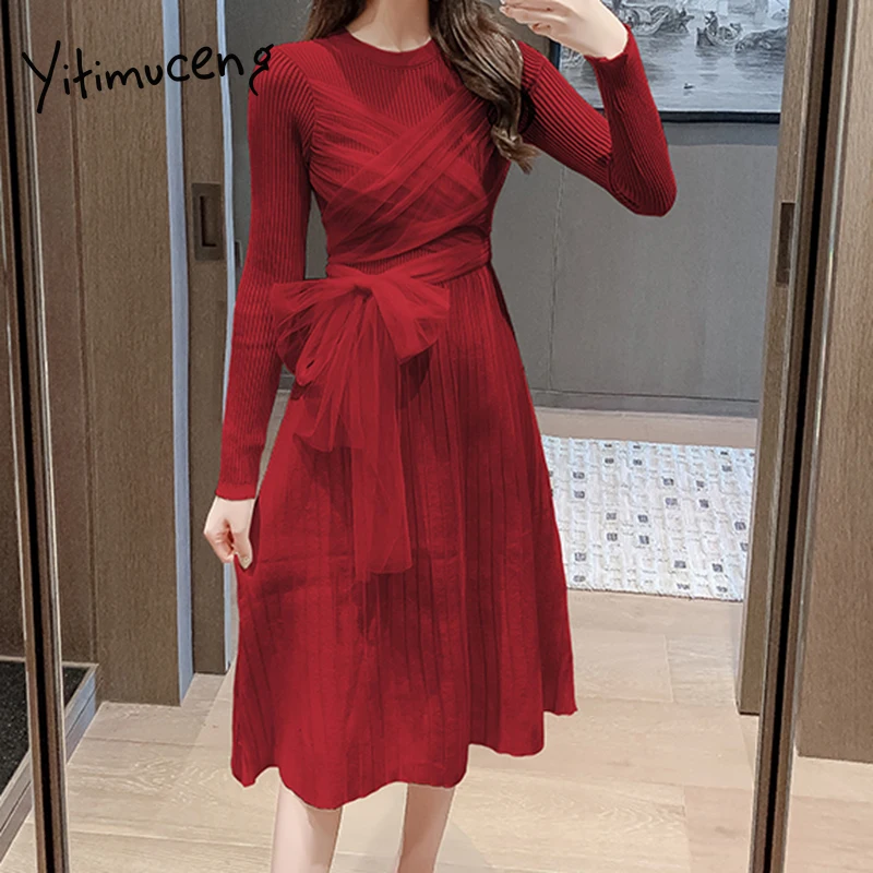 

Yitimuceng Red Dress for Women Sexy O-Neck Sashes Lace Casual Black A-Line Winter Autumn Spring Party Knitted Midi Fashion New