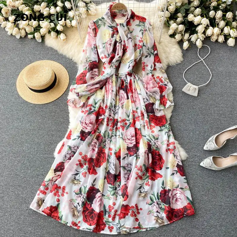 

Женское модельное Платье макси с круглым вырезом и длинным рукавом, роскошное платье с высокой талией и цветочным принтом в стиле ретро, вес...