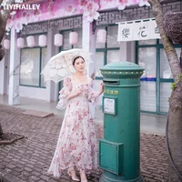 tiyihailey free shipping 2020 new summer chiffon women long maxi flower print dress s l half sleeve square collar beaded