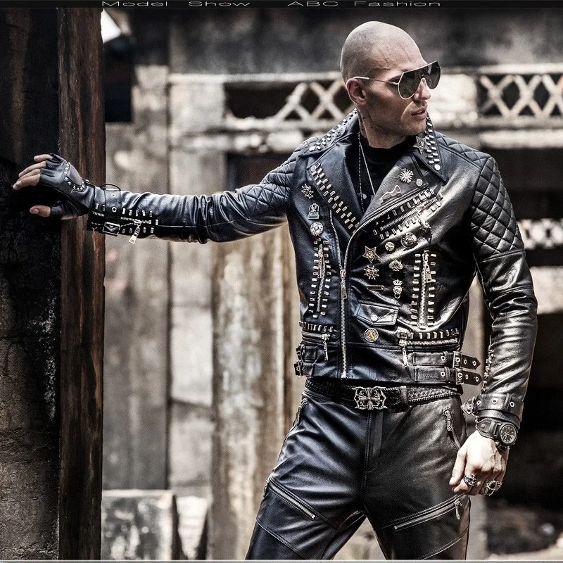 Куртка мужская из искусственной кожи с заклепками мотоциклетный пиджак в стиле