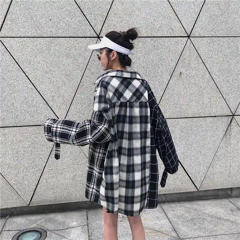 NiceMix Harajuku женские рубашки с длинными рукавами в клетку в стиле пэчворк BF женские блузки с отложным воротником в Корейском стиле Mujer блузка