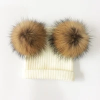 baby hat natural raccoon fur baby cap two pompom kids caps winter childrens hats with pompom