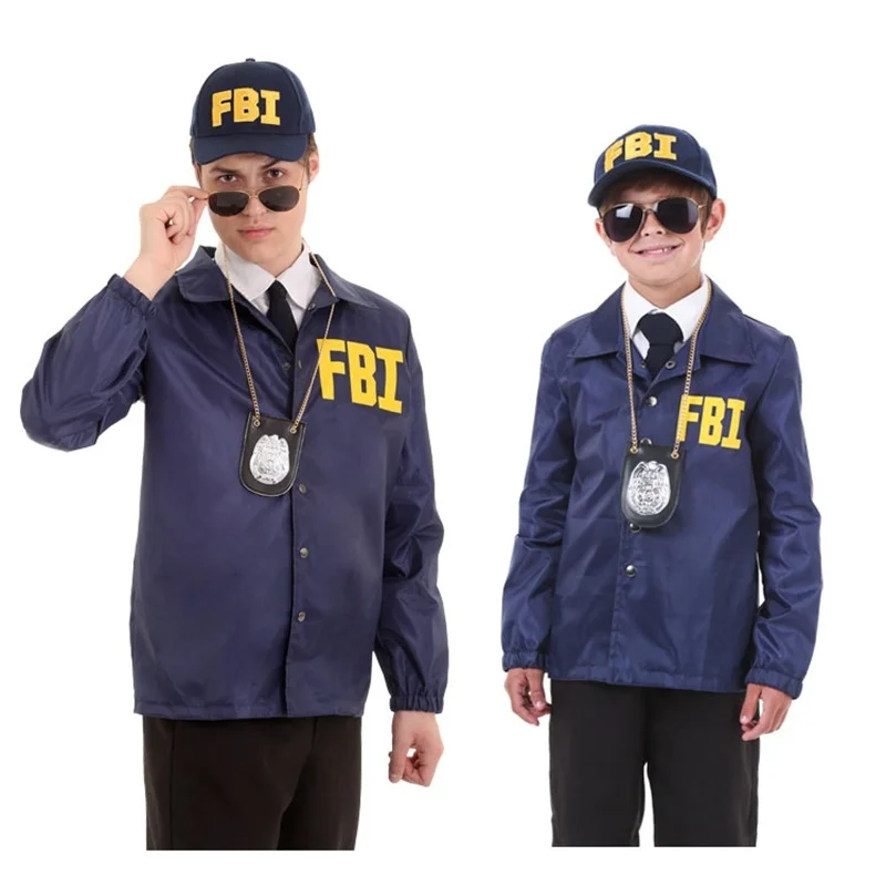 Dress Up FBI Agent Police Uniform Bule Top & Hat Costume Fancy Dress Outfit Adult Kids Police Cosplay Costume