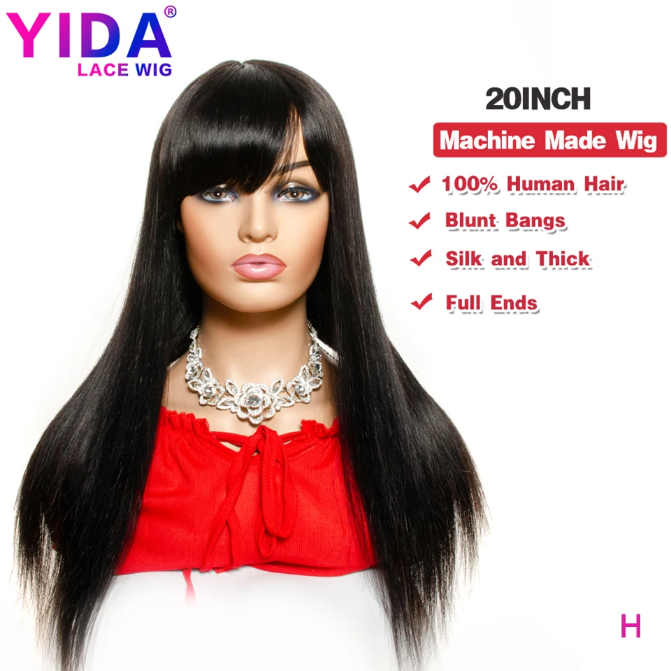 

Human Hair Wigs With Bangs Long Remy Brazilian Straight hair 16- 28 Inch Wig For Women Glueless Machine Made Wig Yida Wig