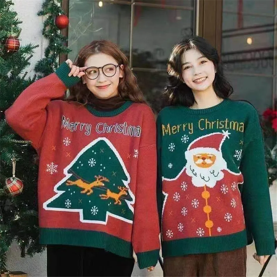 

2021 Cartoon Elk Christmas Women Man Sweater Lazy Style O-Neck Jacquard Knitting Couple Outfit Pullover Autumn Winter Top TT0918