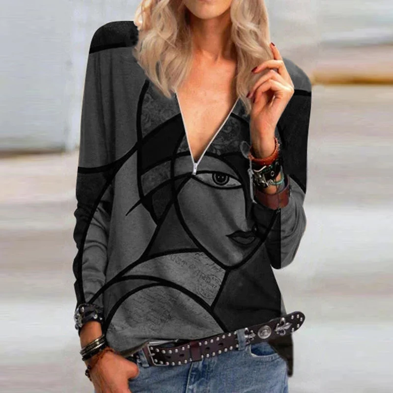 

Women Casual Elegant Blouse 2021 Autumn Fashion Long-sleeved Zipper V-neck Face Print Ladies Shirt Vintage Loose Street Tops