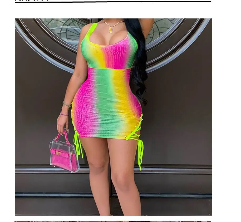 

2021 Women's o-neck new hollow sexy tight-fitting rainbow color bandage casual women dress