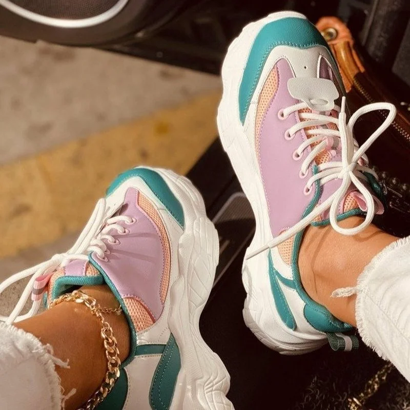 

2021 Spring Women's Sneakers Thick Bottom Lady Lace Up Zipper Walking Shoes Female Platform Casual Vulcanized Shoes Plus Size