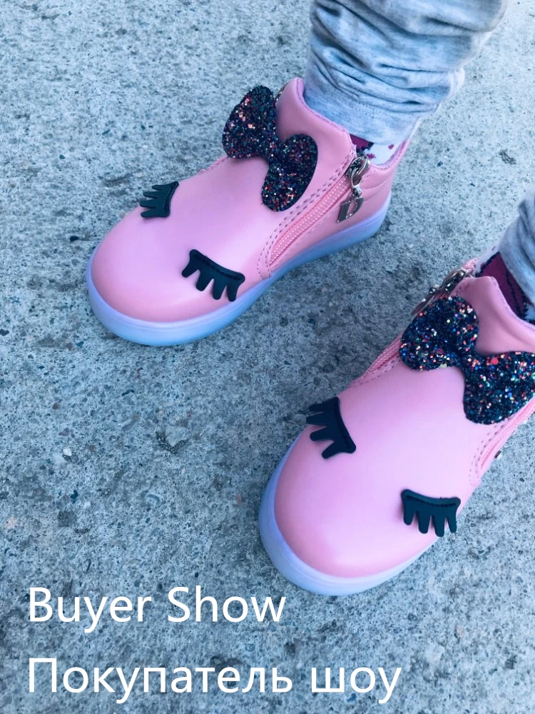 Детские светящиеся ботинки со стразами и бантом для девочек повседневная