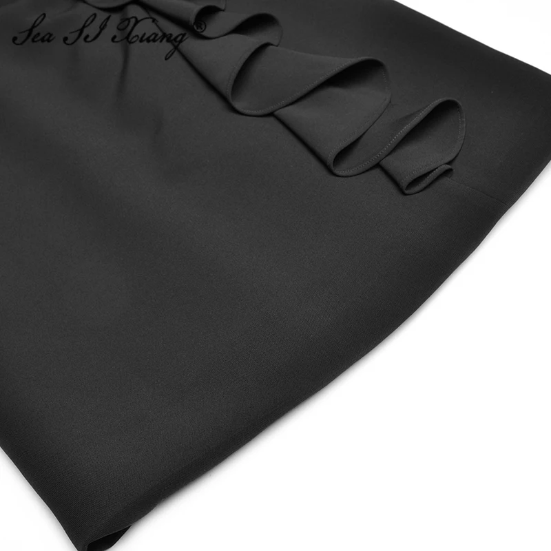 

Seasixiang Fashion Designer Spring Dress Women's Diamonds Flare Sleeve V-neck Ruffles Office Lady Dresses