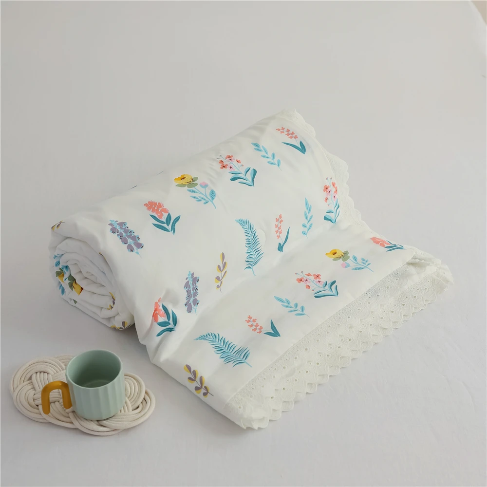 

Double Gauze Printed Ruffle Decor Quilts Bedspread Soft Washable Air Conditioned Duvet Comforter Adults Floral Summer Quilt