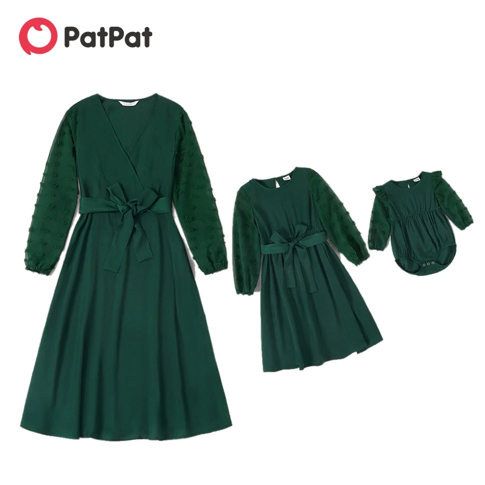 

PatPat Solid Dark Green Mesh Sleeve Matching Midi Dresses
