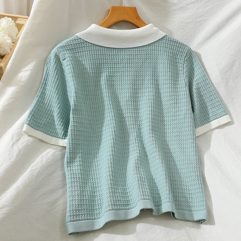 Женская трикотажная блузка летняя Тонкая из вискозы с отложным воротником и