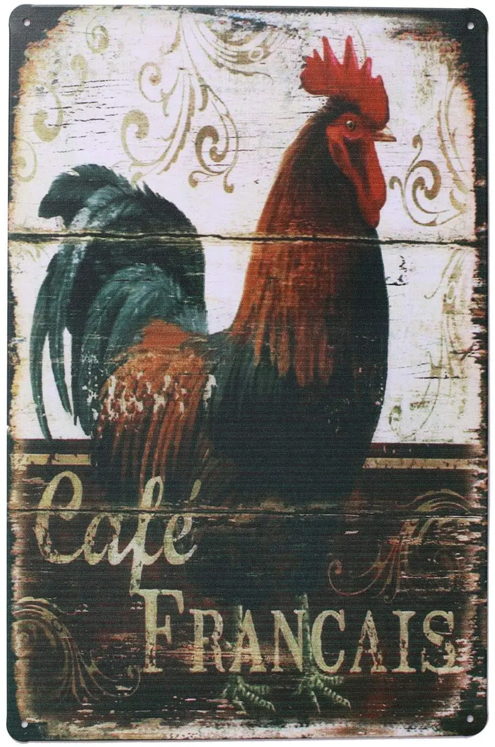 

Happy chicken, rooster, retro metal sign, tin poster, wall decoration art, shabby and elegant gift