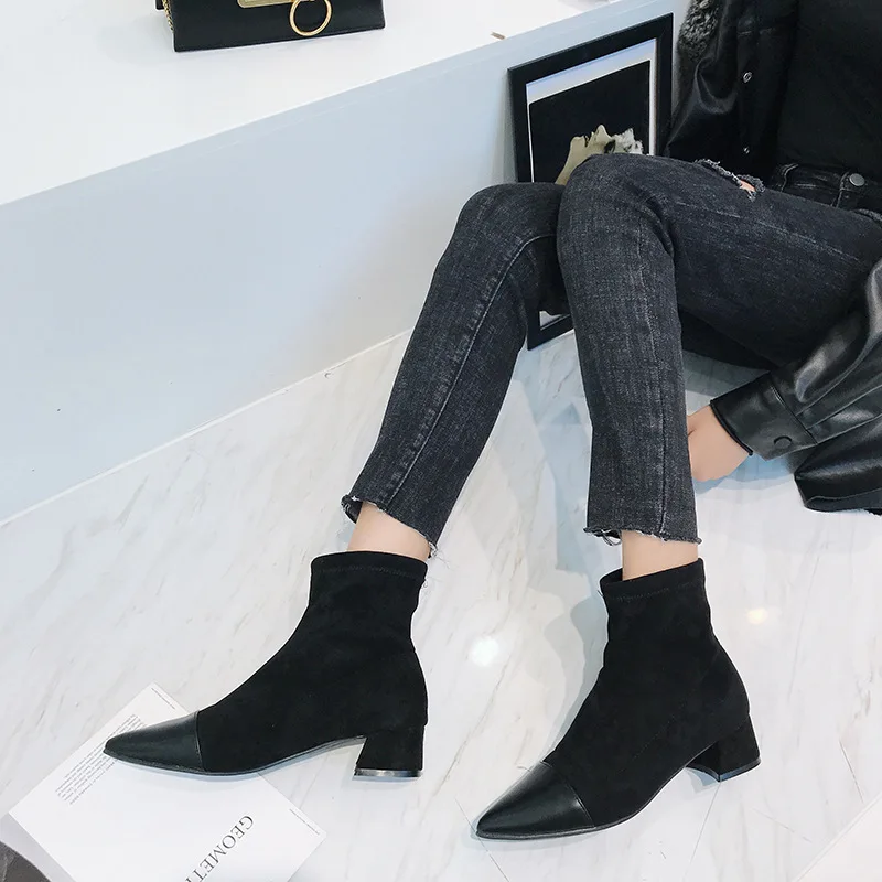 Ботильоны женские черные и персиковые замша кожа в стиле пэчворк модные зимние