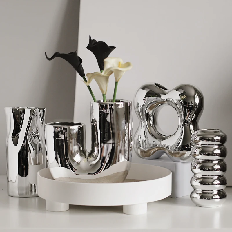 Silver plating Ceramic Vase Nordic home decoration Flower shape Vases for flowers Living room TV cabinet table decor florero