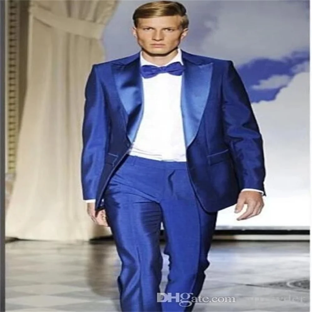 

Новый Классический мужской костюм Королевского синего цвета с острым отворотом на одной пуговице, подходит для свадьбы, приталенный (пиджа...