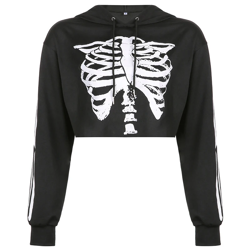 Winter harajuku skulls print goth pullover hoodies Sexy Show waist y2k Dark style Short Top long sleeve grunge women sweetshirts
