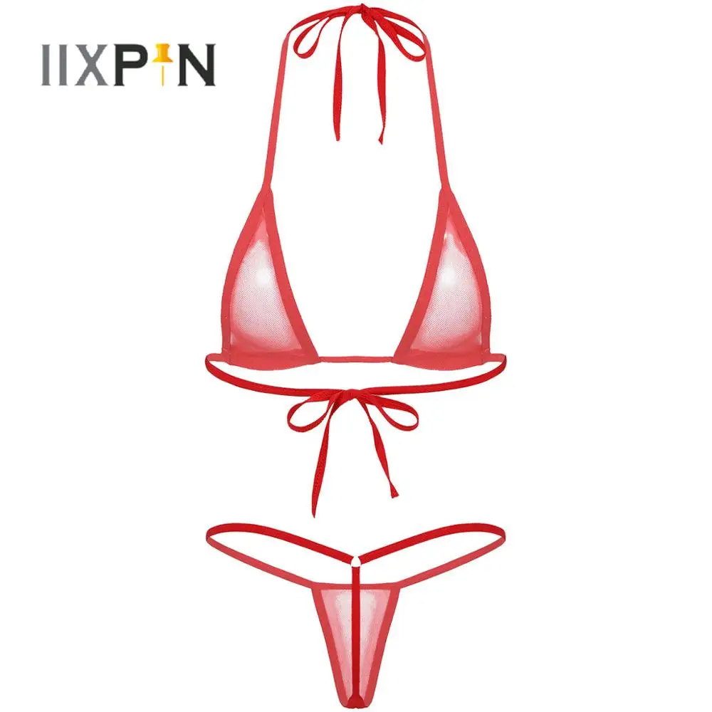 

Женские прозрачные купальники из двух частей, женский бюстгальтер на шнуровке с Т-образной спинкой, стринги, Эротическое нижнее белье, ночн...