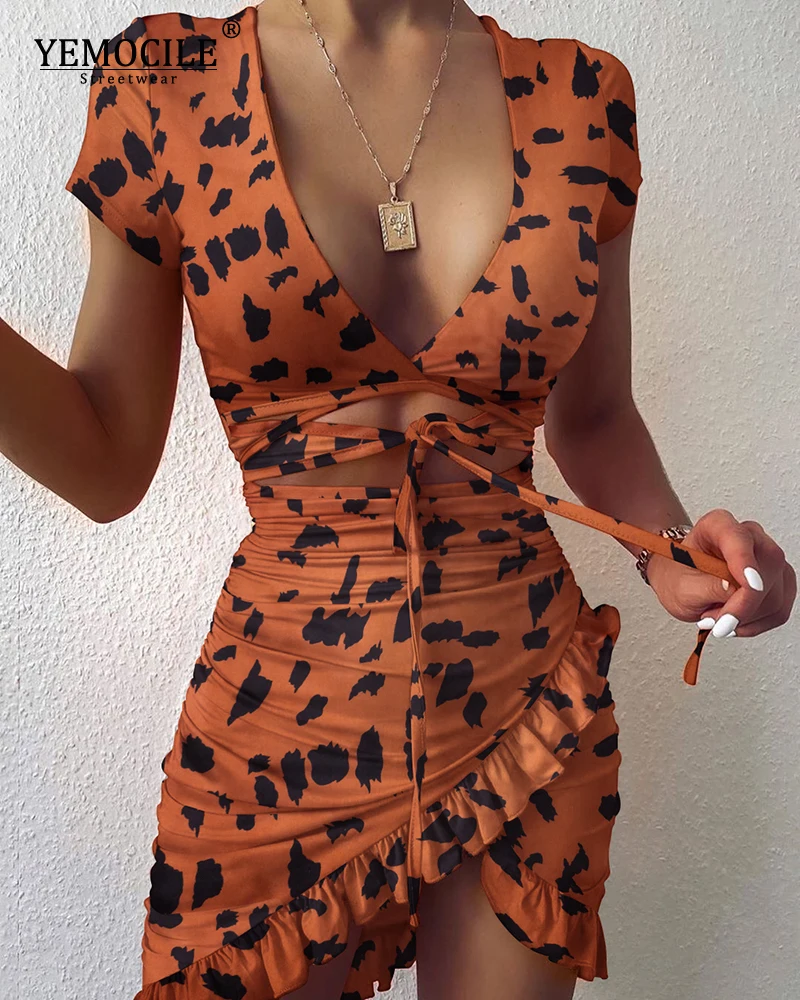 

Floral Print Fashion Tie Up Wrap Mini Dress 2021 Summer Holiday Ruffles Sundress Ruched Women's Dress Short Sleeve