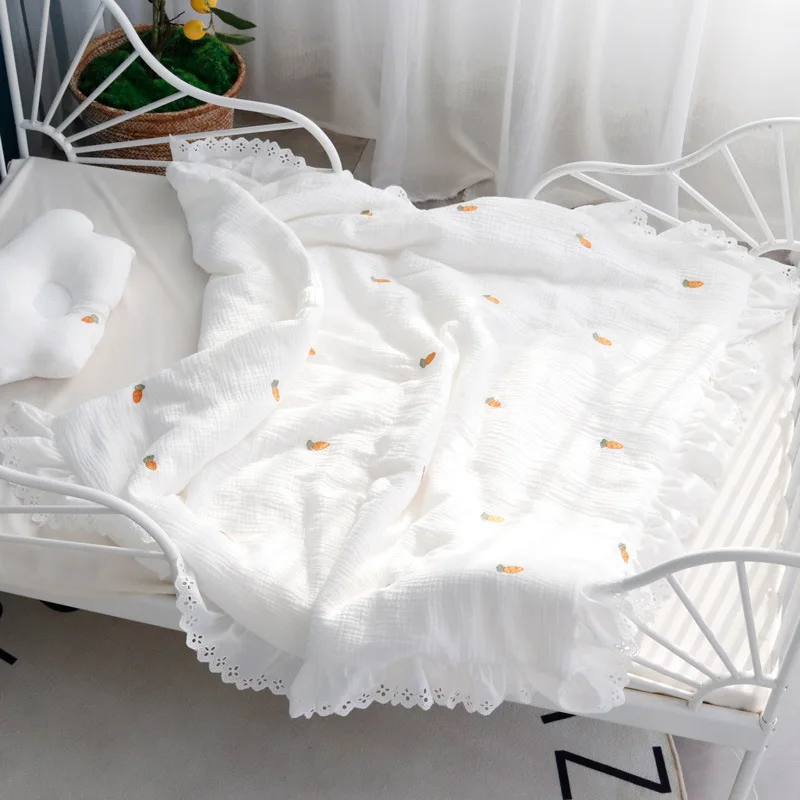 Зимнее толстое Хлопковое одеяло из белого муслина с вышивкой и кружевом детское