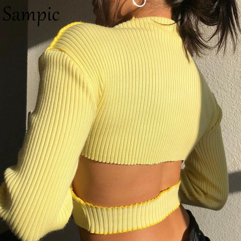 Водолазка Sampic с вырезами сексуальные женские узкие мини-топы желтого цвета