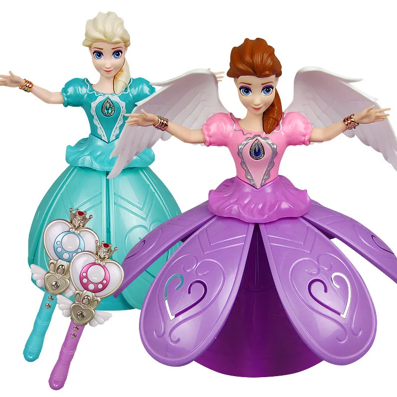 Disney Princess Frozen Electric Dancing Toys Elsa Anna Doll with Wings Action Figure Rotating Projection Light Music Model Dolls