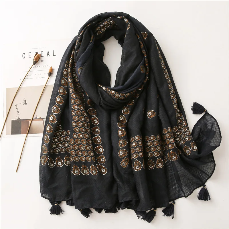 

VISROVER Summer Scarf For Women Black With Foil Viscose Tourist Scarf Tropical Print Scarf Beach Scarfs Tassel Shawls Party Gift