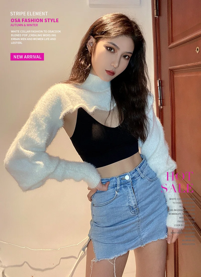

Gagaopt New Autumn Pure White Thin Knitted Top Women's Ultra Short High Waist Shawl Pullover T-shirt Fashion