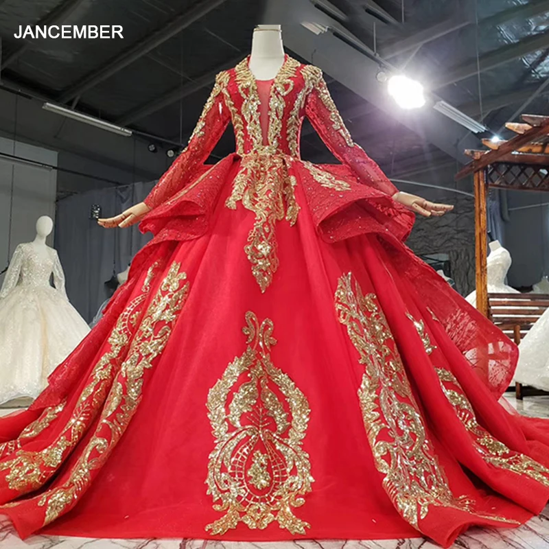 

HTL1750 Golden Sequined Applique Red Custom Dress 2021 Sexy Deep V-Neck Long Sleeve Crystal Ball Gowns