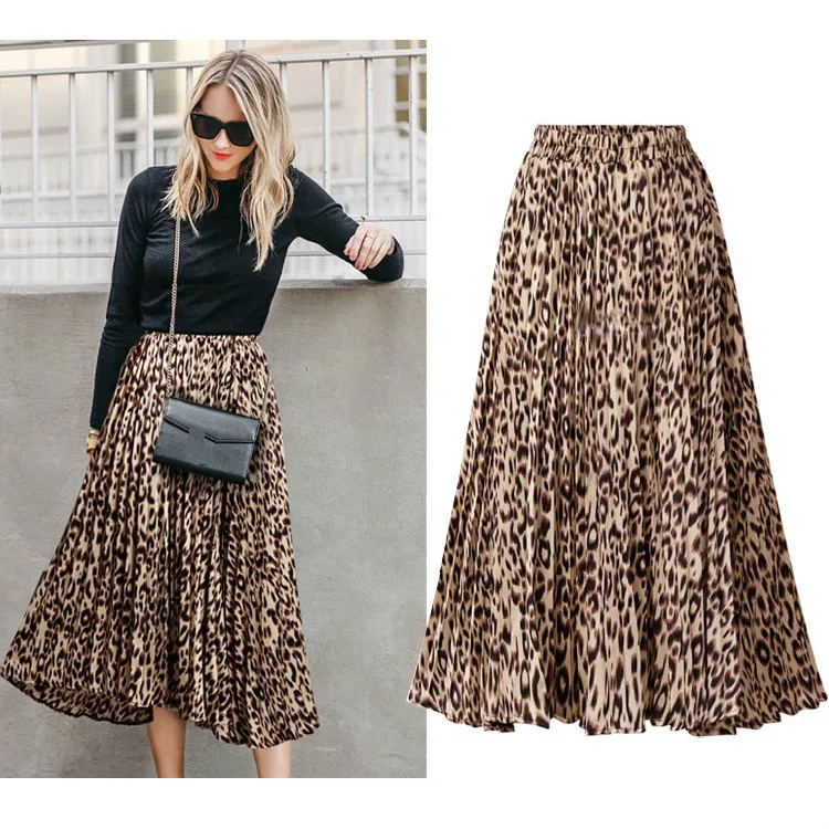 Женская юбка размера плюс 5xl, новинка, весна-осень, европейский стиль, Леопардовый принт, эластичная высокая талия, длинная Плиссированная юбка миди, Faldas