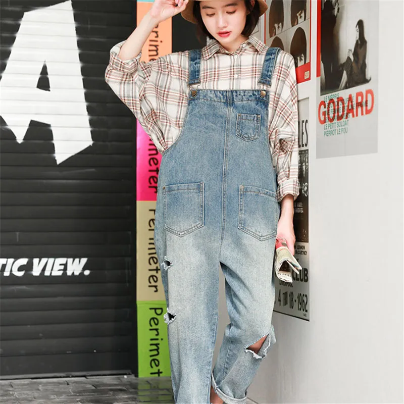 Женский джинсовый комбинезон свободные джинсовые комбинезоны с тонкими дырками