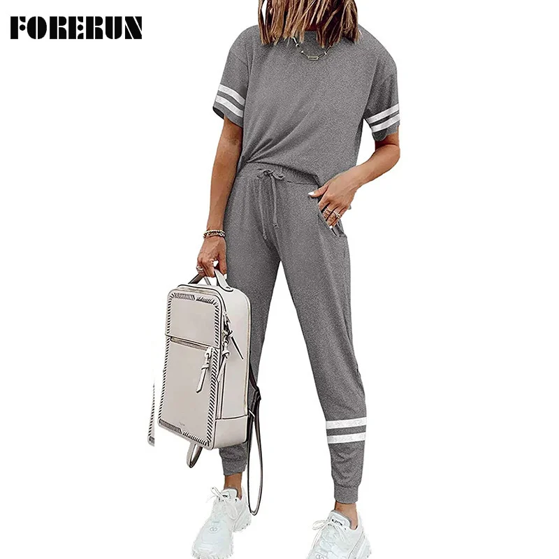 

Костюм спортивный женский FORERUN, 14 цветов, с длинными штанами, Повседневный, футболки с коротким рукавом