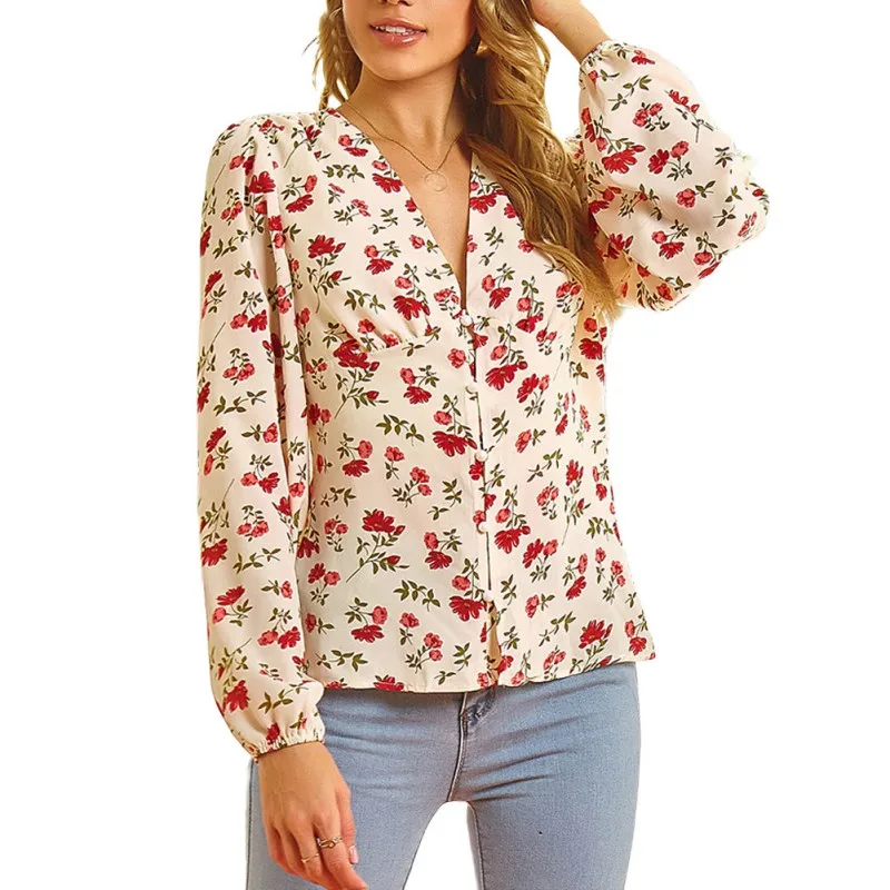 

Women Summer Long Sleeve Print Blouses Sexy V Neck Ruffle Shirts Casual Ladies Blouse Tops Female Crop Top Ladies Shirt
