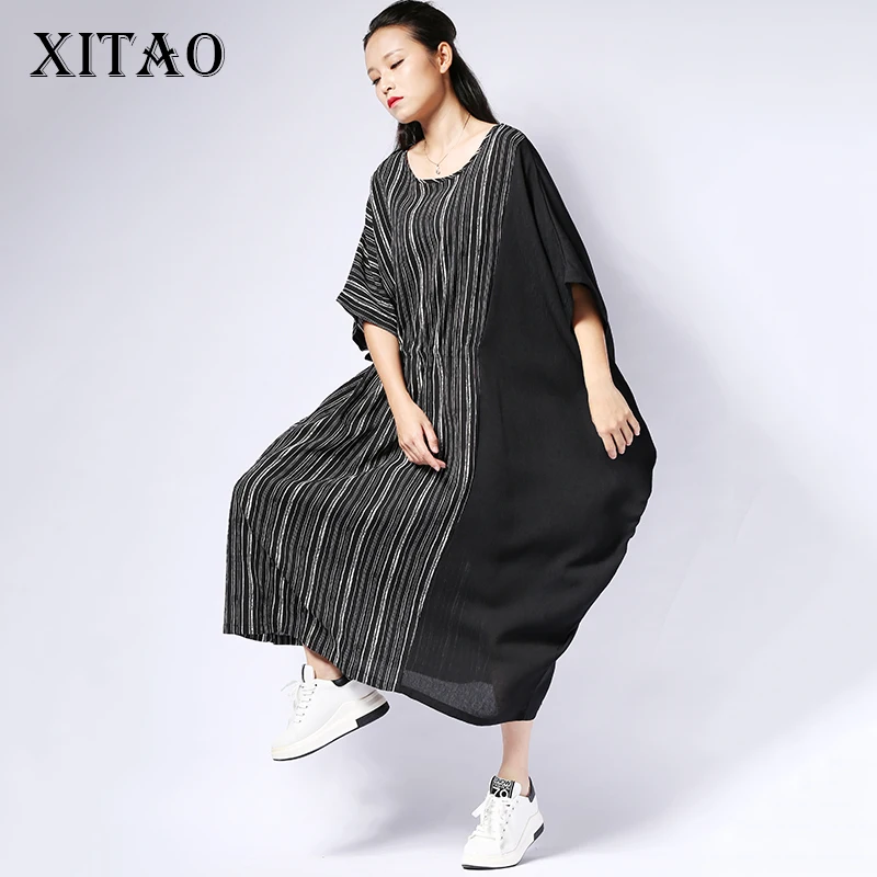 Женское платье в полоску с коротким рукавом и круглым вырезом до колена|Женские