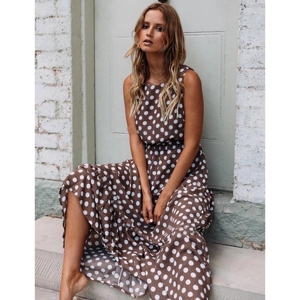 

2021 Tunic Beach Dress Sleeveless Tank Long Dress Polka dot Print Women Beachwear Casual Beach Maxi Dress Loose Robe Femme D30