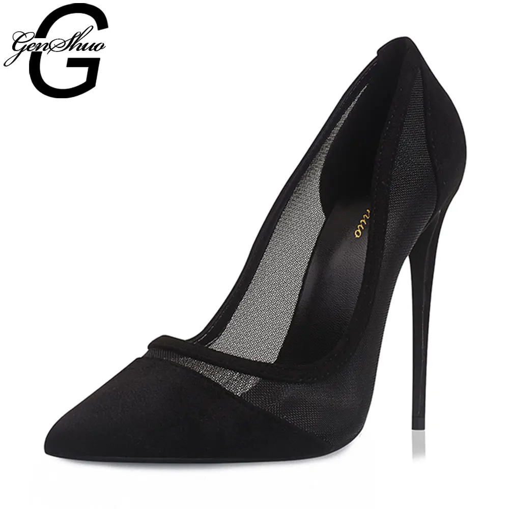 

GENSHUO Concise Mesh Black Thin High Heels Shallow Pumps Pointed Toe Party Dress Shoes chaussures femme sexy chaussure de mariee
