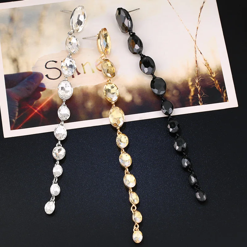 Женские длинные висячие серьги OCESRIO черные сережки с кристаллами и камнями
