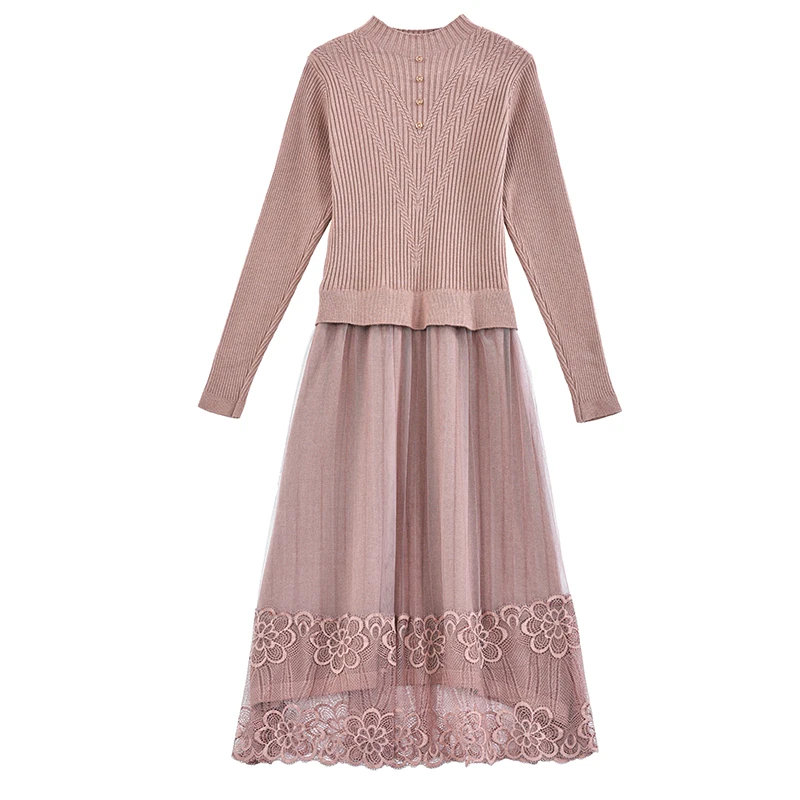 

2020 New Autumn Winter Women Base Dress High Quality Fashion Mesh Lace Patchwork Hem Fake Two Piece Knitted Sweater Dress