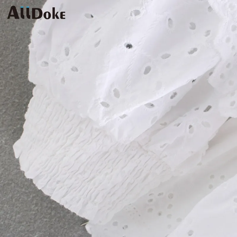 

ALLDOKE hollow out embroidery blouse women summer square collar puff sleeve crop tops shirt white casual blouses blusas mujer