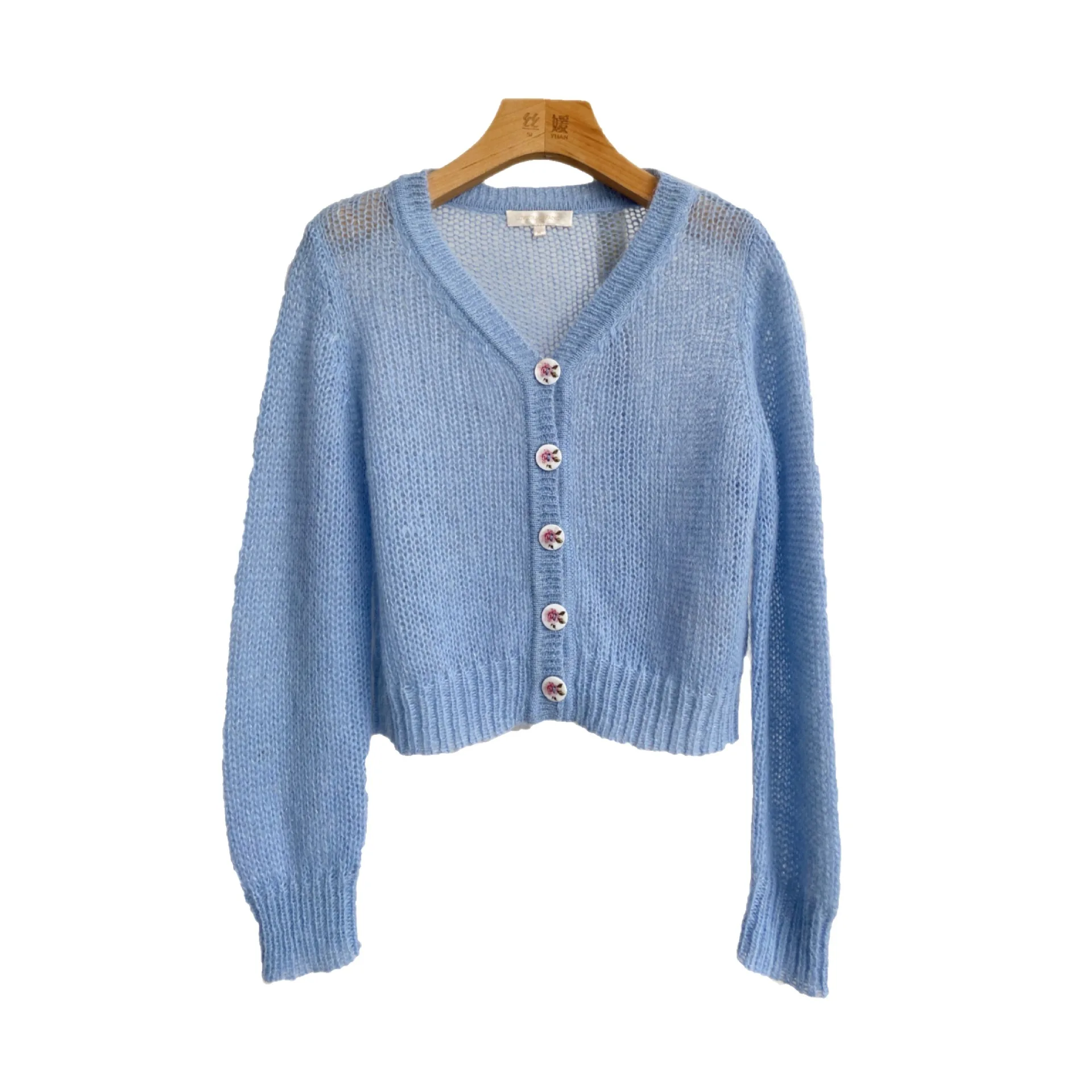 Women Sweater French Baby Blue Short Cardigan Floral Button Aqua Wool Mohair |