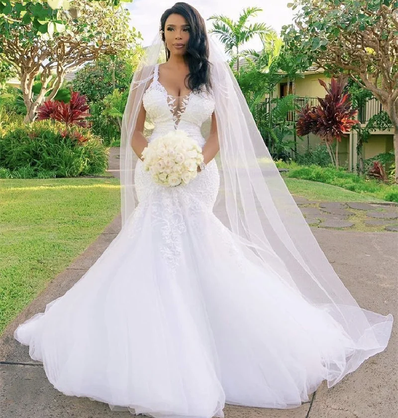 

Modern Spaghetti Straps Mermaid Tulle Lace Appliques Wedding Dresses Sweep Train Garden Bridal Gowns Vestido de Noiva