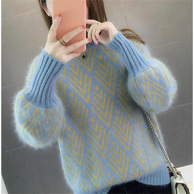 Свитер женский жаккардовый с коротким воротником и рукавами-фонариками | Женская