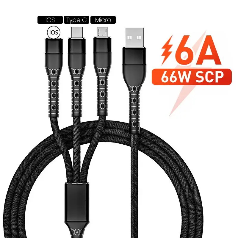 3 в 1 плетеный шнур 6A кабель для быстрой зарядки 8 Pin Micro USB Type C зарядное устройство