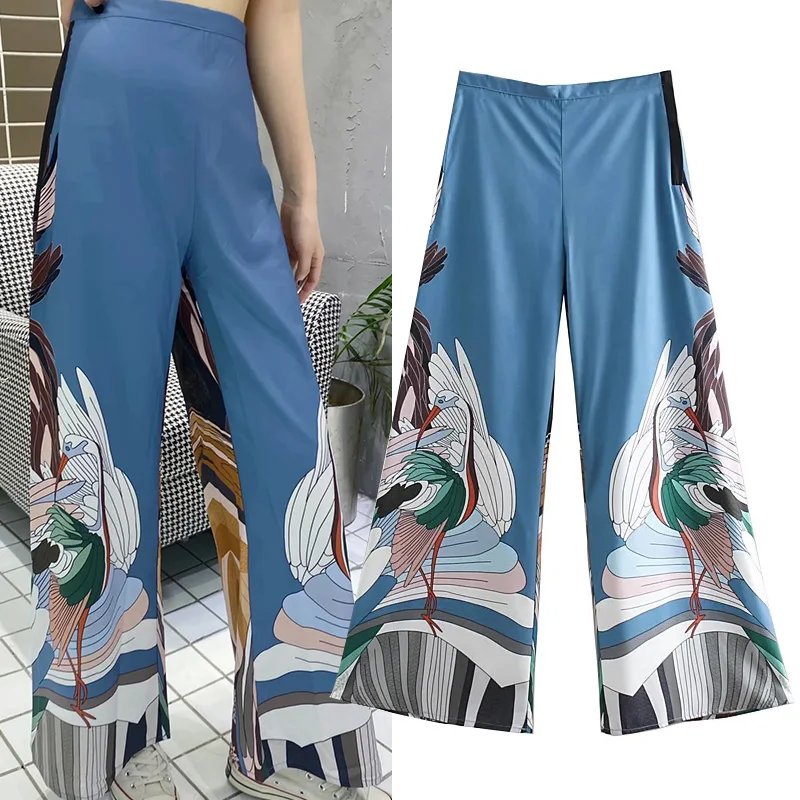 

WESAY JESI 2021 Women's Pants Fashion Retro Crane Print Wide Leg Pants Women Streetwear Casual Commuter Side Zipper Loose Pants